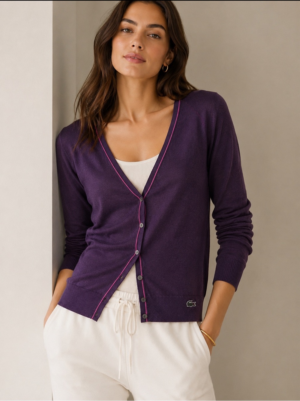 EUC Lacoste Lightweight Purple V-Neck Button Cardigan with Pink Trim size 36